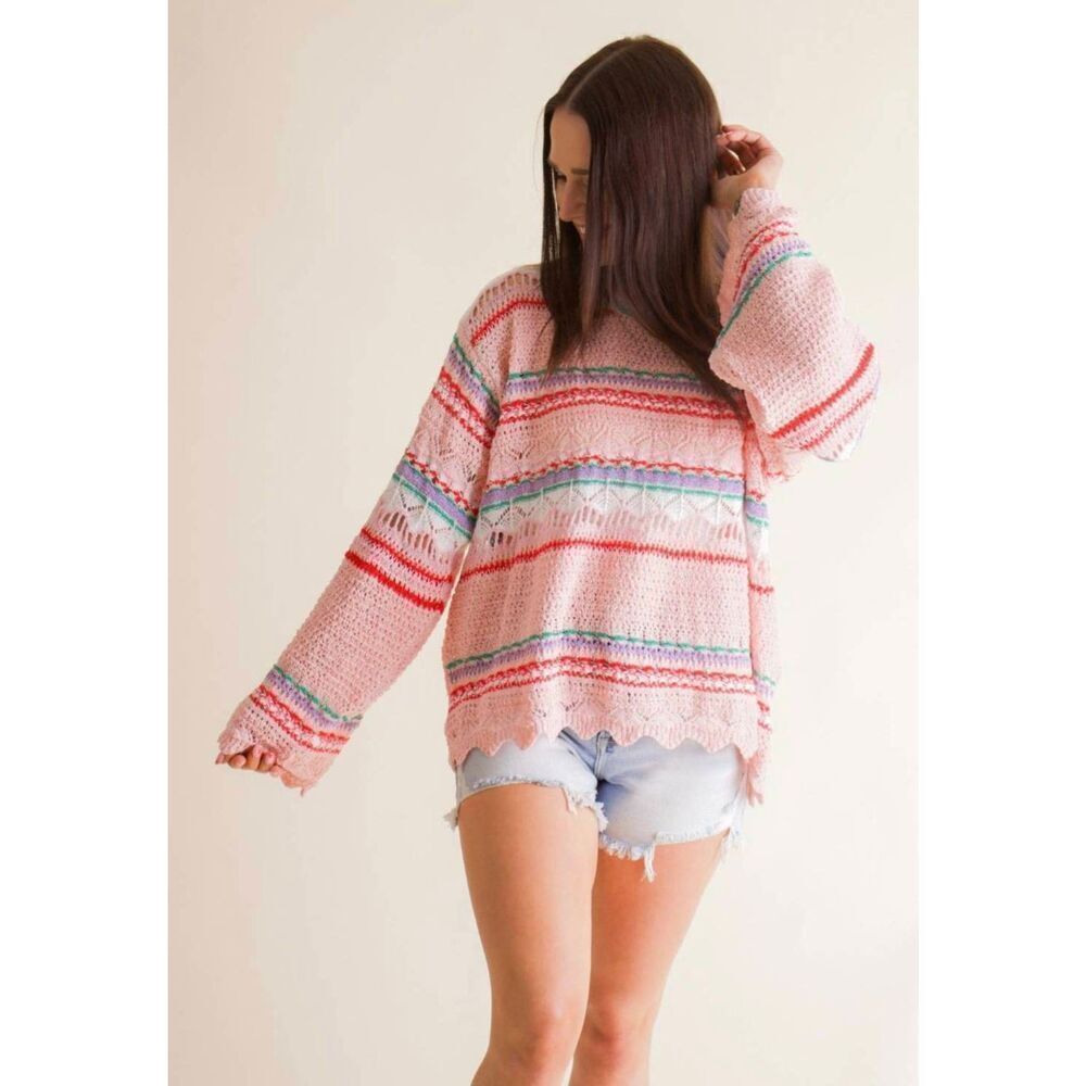 POL Rise and Fall Pink Knit Stripe Sweater Boho Preppy Femme